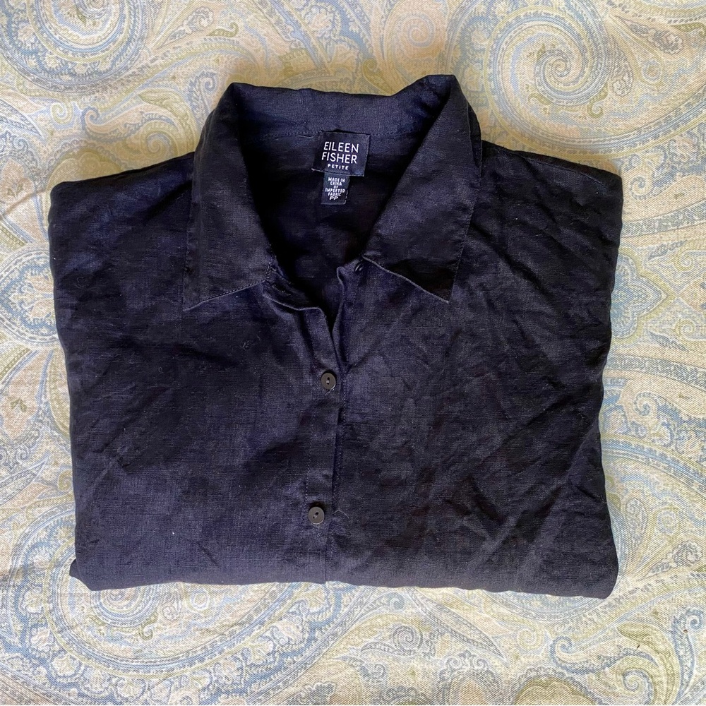 Eileen Fisher 100% linen black short sleeve button up top. EUC